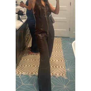 Brown wide leg leather jumpsuit
